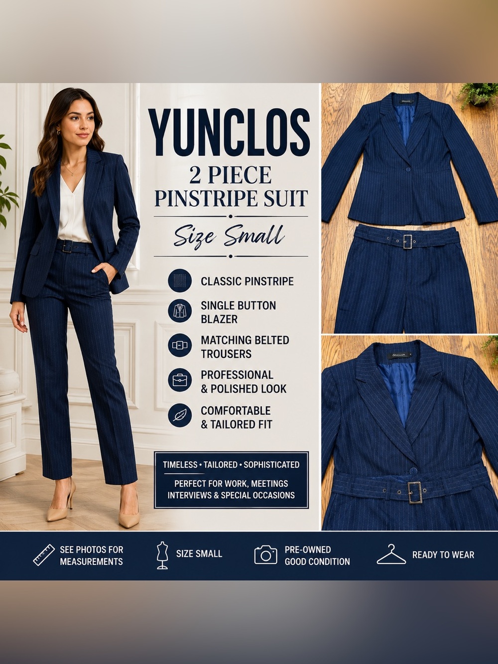 YUNCLOS Women’s Pinstripe 2 Piece Pantsuit Blazer & Pants Size Small
